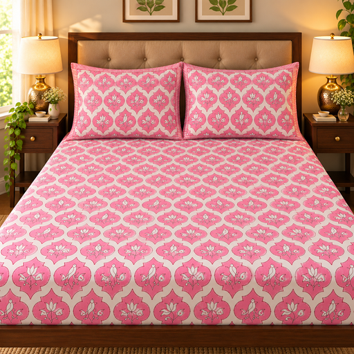 aenak-pink-parrot-handblock-premium-cotton-fitted-bedsheet-set