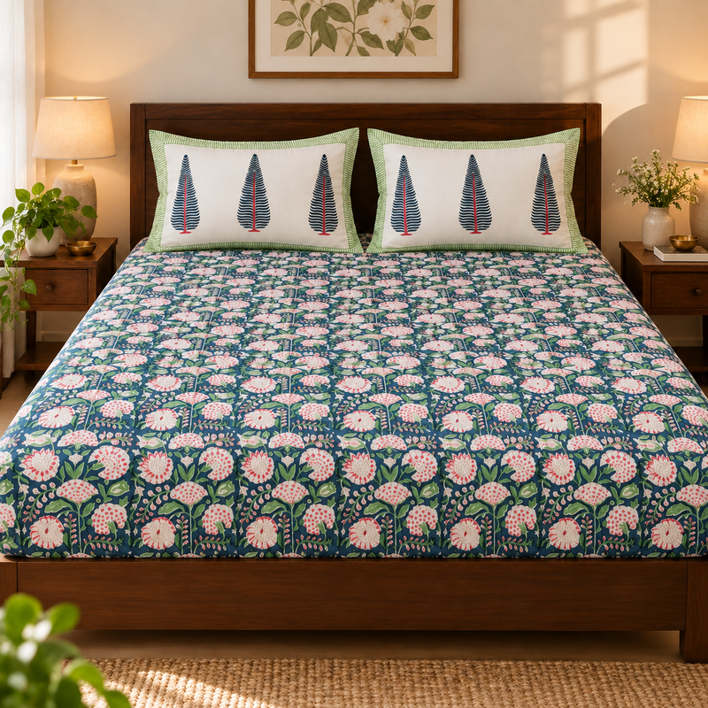 aenak-purple-garden-handblock-premium-cotton-bedsheet-set