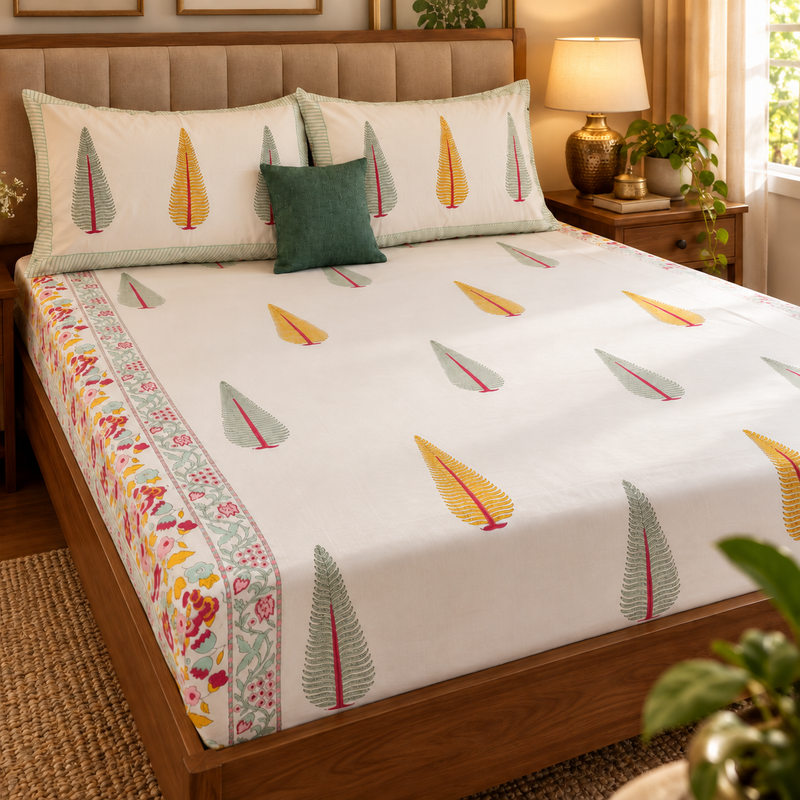 aenak-yellow-green-cypress-handblock-premium-cotton-bedsheet-set