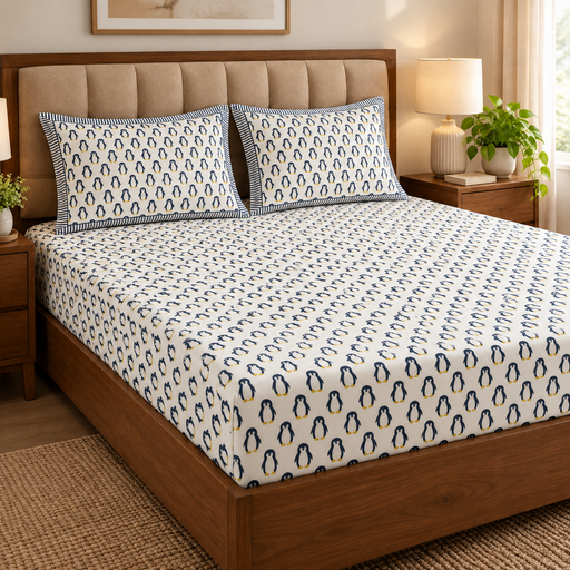 aenak-the-penguin-handblock-premium-cotton-kids-bedsheet-set