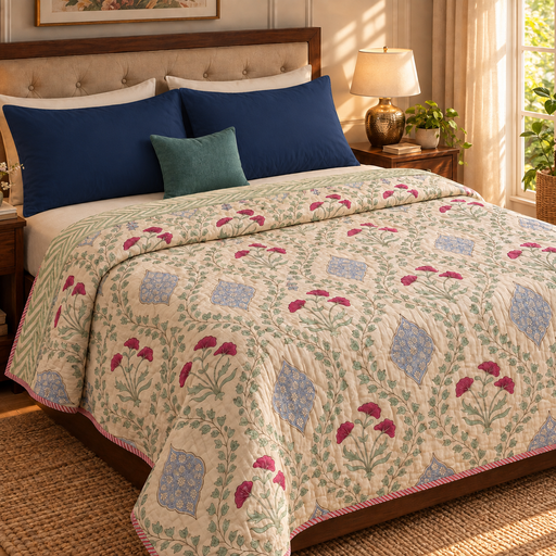 aenak-pink-poppy-handblock-printed-reversible-mulmul-cotton-quilt-light-beige-base