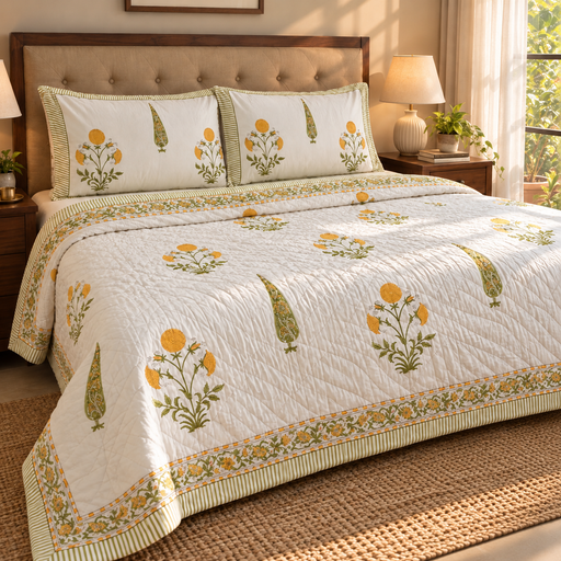 aenak-yellow-dahlia-handblock-bedsheet-quilt-combo-set