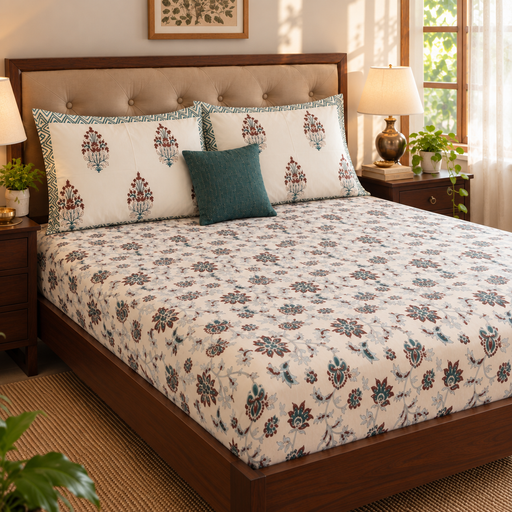 aenak-brown-peach-floral-garden-handblock-premium-cotton-bedsheet-set