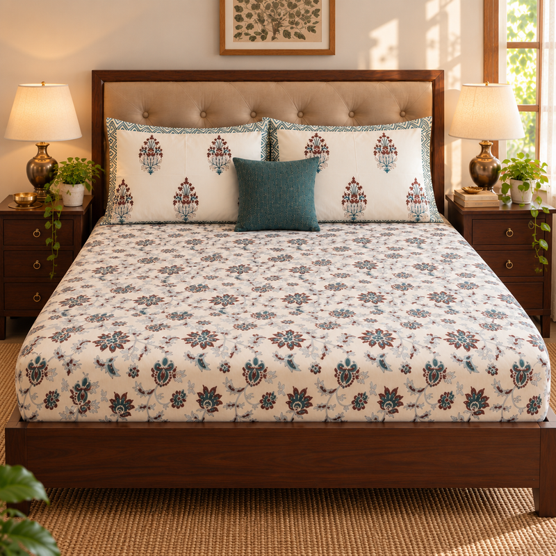 aenak-brown-peach-floral-garden-handblock-printed-premium-cotton-fitted-bedsheet-set