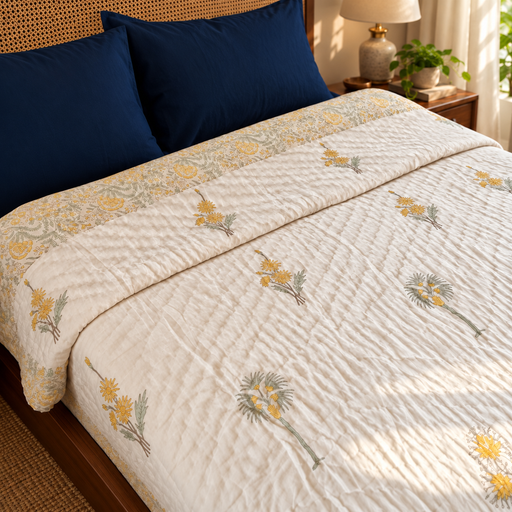 aenak-yellow-blossom-handblock-bedsheet-quilt-combo-set