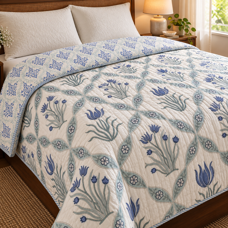 aenak-blue-lotus-handblock-printed-reversible-mulmul-cotton-quilt