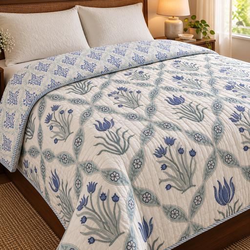 aenak-blue-lotus-handblock-printed-reversible-mulmul-cotton-quilt