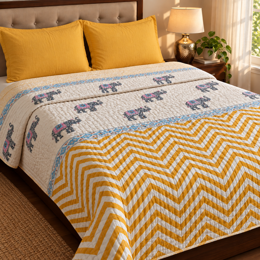 aenak-yellow-chevron-elephant-handblock-reversible-mulmul-cotton-quilt