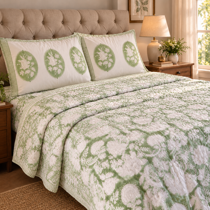 aenak-green-garden-handblock-printed-reversible-mulmul-cotton-quilt