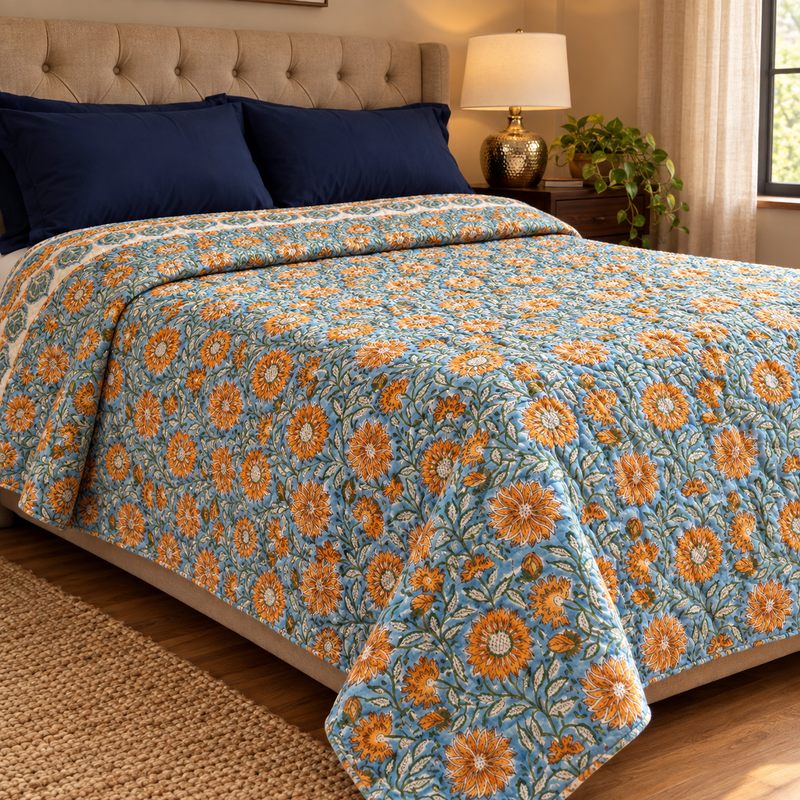 aenak-blue-yellow-floral-garden-handblock-printed-reversible-mulmul-cotton-quilt
