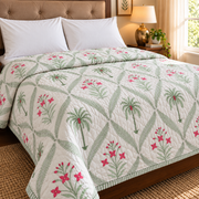 aenak-pink-palm-handblock-printed-reversible-mulmul-cotton-quilt