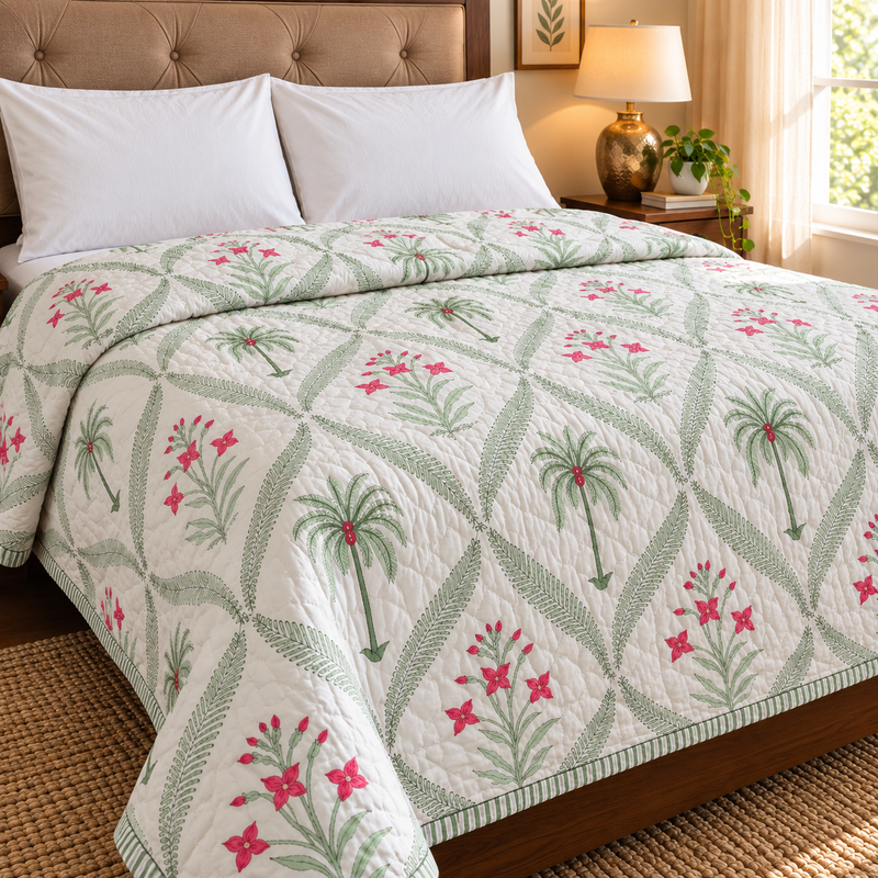 aenak-pink-palm-handblock-printed-reversible-mulmul-cotton-quilt