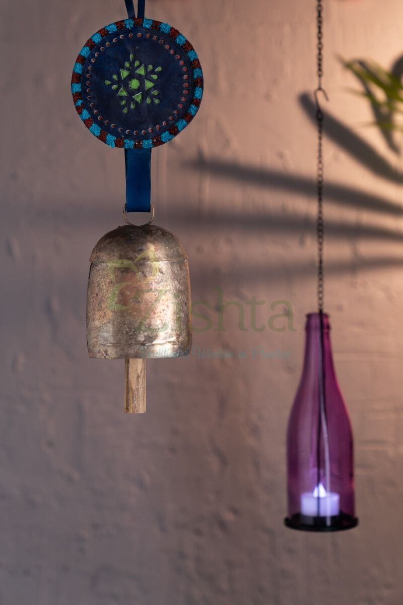 Copper Coated Iron Chimes-Bell with Leather (Blue) – Metal Wind Chimes