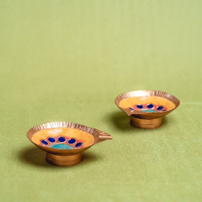 Copper Enamel Diya (Set Of 4) – Decorative Oil Lamp Set