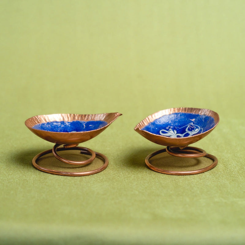 Copper Enamel Spring Diya (Set Of 4) – Decorative Oil Lamp Set