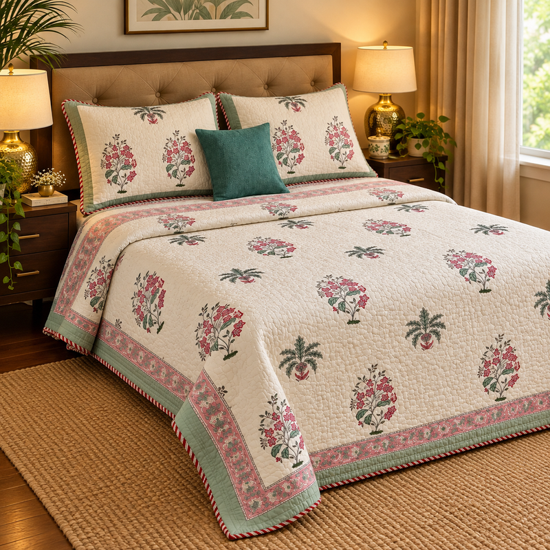aenak-pink-floral-green-palm-handblock-printed-reversible-quilted-bedcover-set