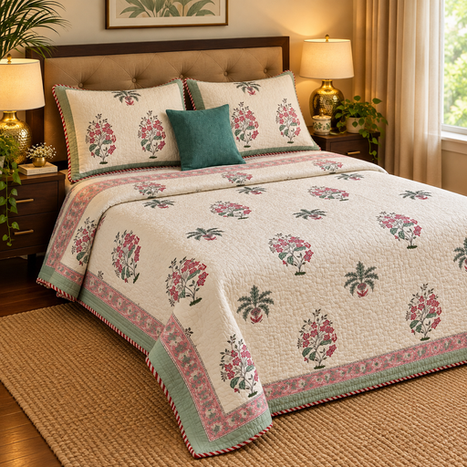aenak-pink-floral-green-palm-handblock-printed-reversible-quilted-bedcover-set