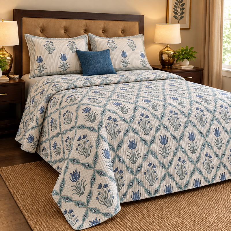 aenak-blue-lotus-handblock-printed-reversible-straight-quilted-bedcover-set