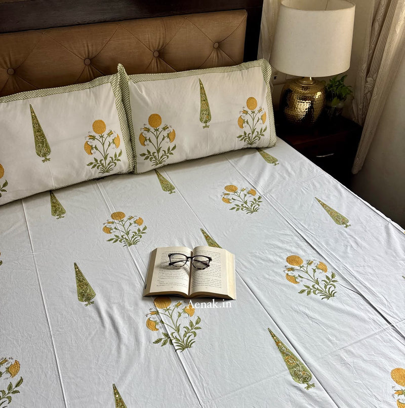aenak-yellow-dahlia-handblock-bedsheet-dohar-combo-set