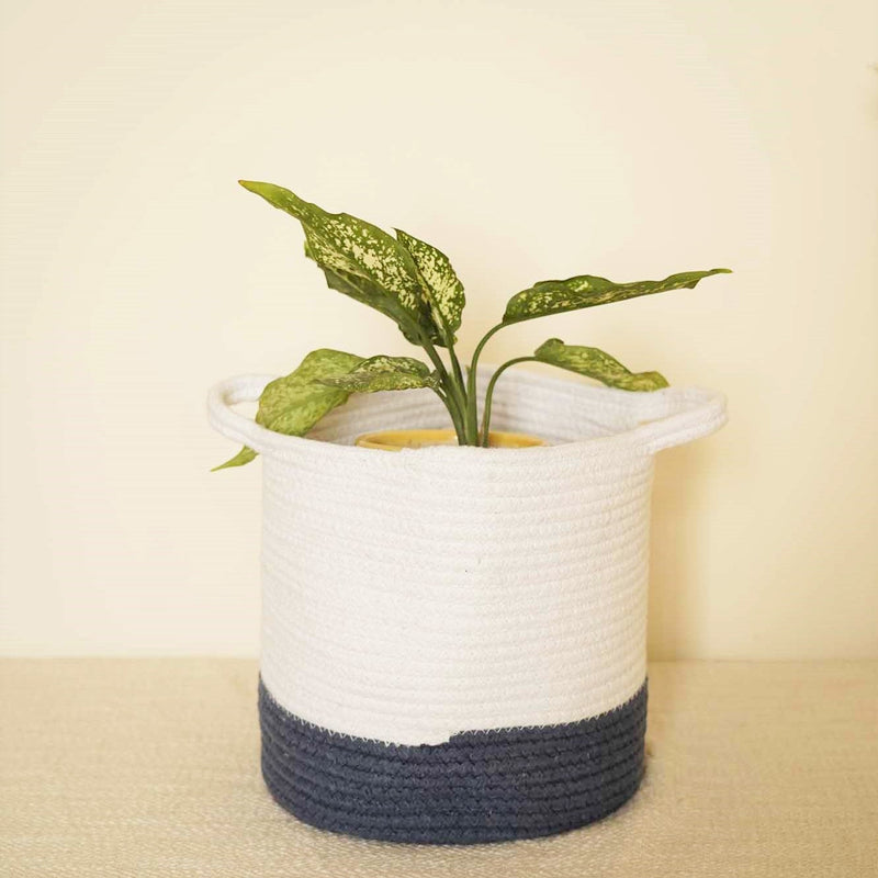 local-kala-jute-cotton-planter-storage-laundry-circular-basket-navy-and-white