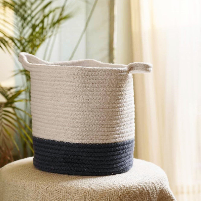 local-kala-jute-cotton-planter-storage-laundry-circular-basket-navy-and-white