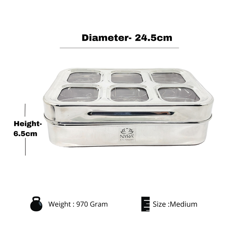 Stainless Steel 6 Compartment Dry Fruit/Spice Box– Kitchen Utensil