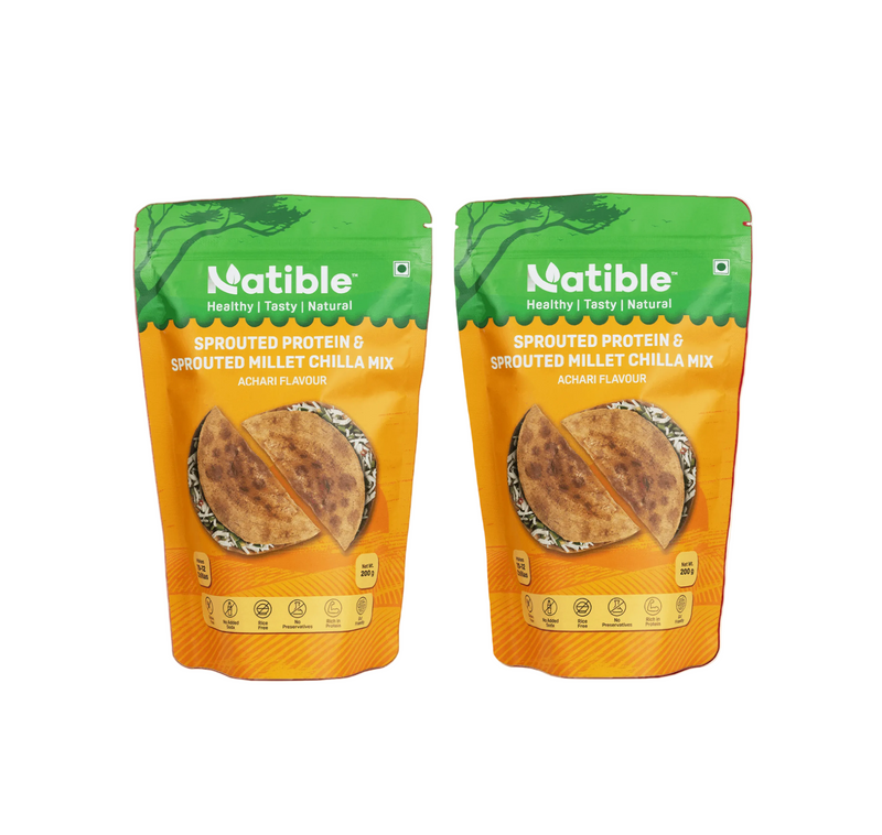 Natible Sprouted Protein and Sprouted Millet Chilla Mix Variety Pack- Achari Flavor – Savory Indian Pancake Mix (7.05 oz)