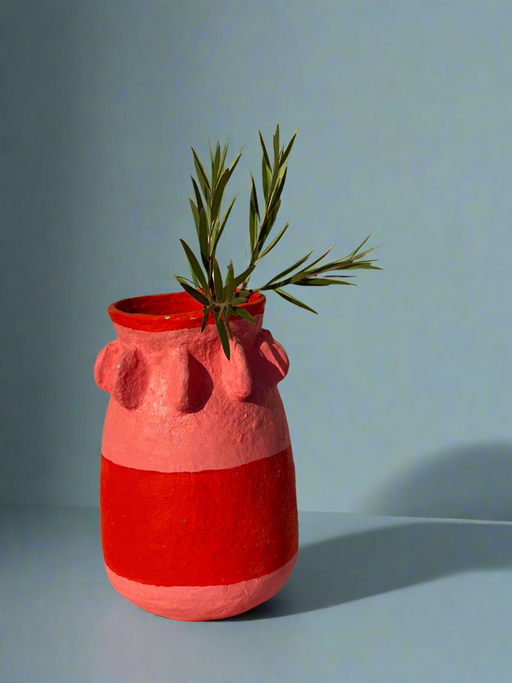 Nurture India Stripe Red Pink Paper Mache Vase 12-Inch