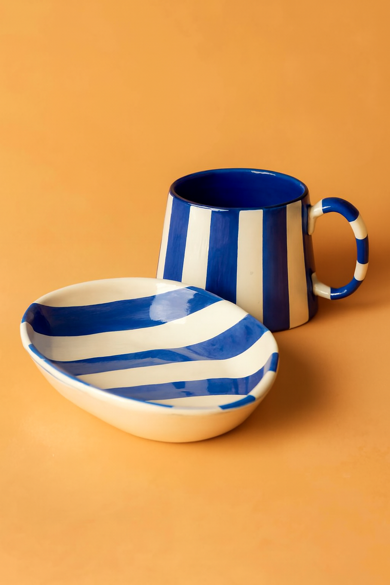 Nurture India Dark Blue Stripe Ceramic Combo Bowl Cup