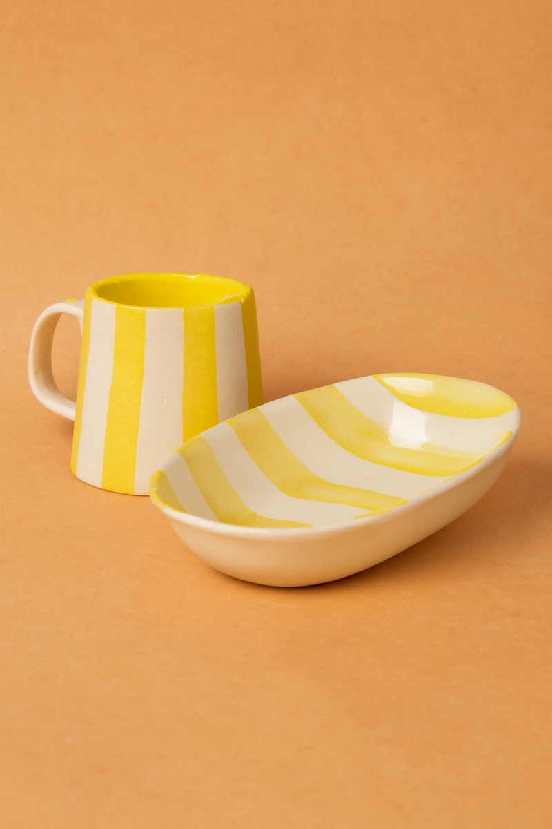 Nurture India Yellow Stripe Ceramic Combo Bowl Cup
