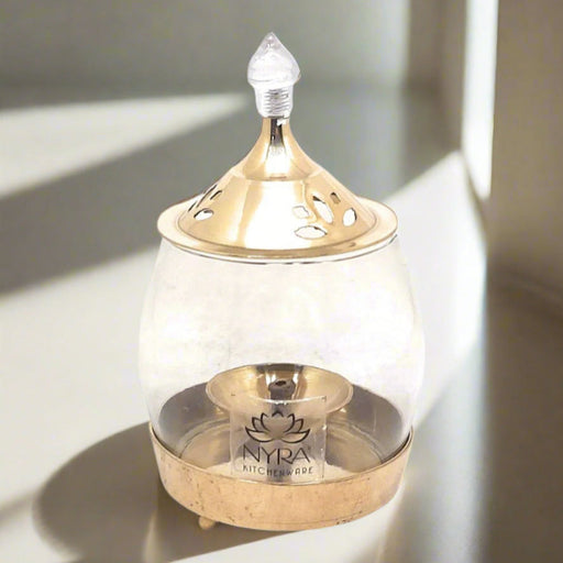 Brass Traditional Diya Stand with Clear Fiberglass Cover/Borosilicate Glass – Drinking Tumbler