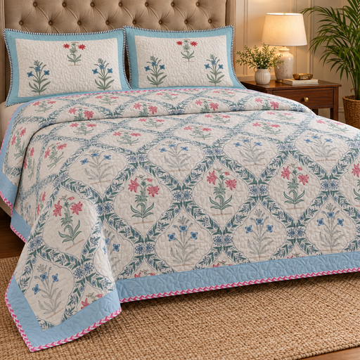 aenak-blue-red-floral-jaal-handblock-printed-reversible-quilted-cotton-bedcover-set
