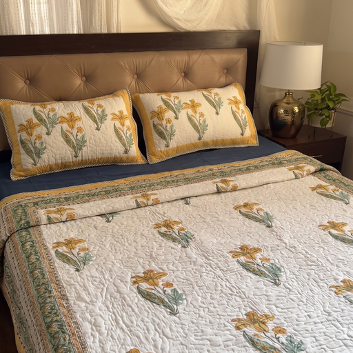 aenak-yellow-lily-handblock-bedsheet-quilted-bedcover-combo-set