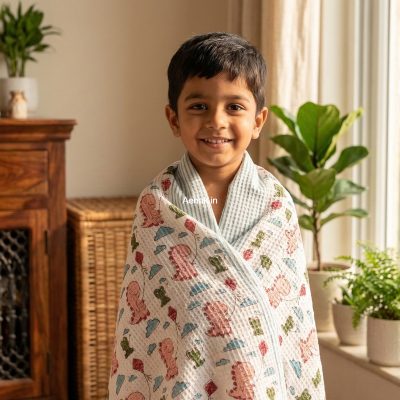 aenak-little-jurassic-handblock-printed-waffle-cotton-bathing-towel
