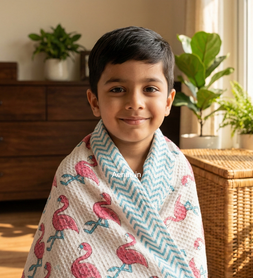 aenak-pink-flamingo-handblock-printed-waffle-cotton-bathing-towel