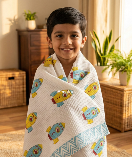 aenak-yellow-blue-rocket-handblock-printed-waffle-cotton-bathing-towel