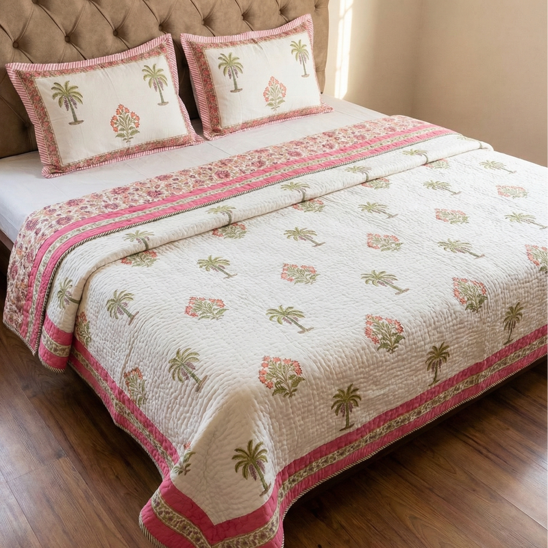 aenak-pink-palm-tree-handblock-reversible-quilted-cotton-bedcover-set-105x108