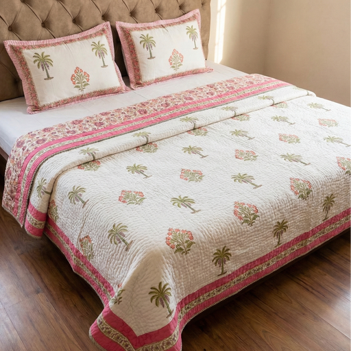 aenak-pink-palm-tree-handblock-reversible-quilted-cotton-bedcover-set-105x108