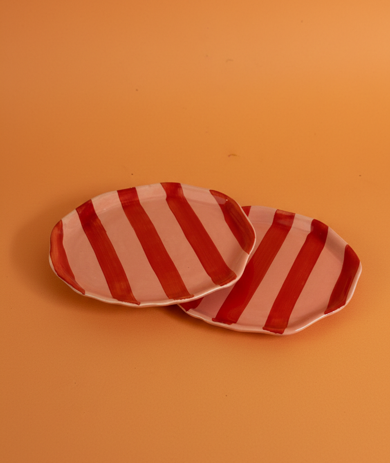 Nurture India Striped Side Plates Red Pink Glossy Glaze 2-Piece Set