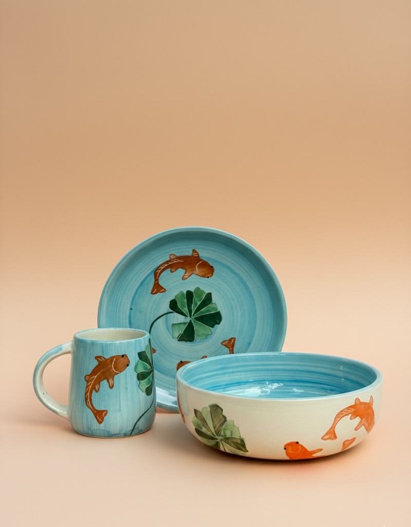 Nurture India Koi Fish Ceramic Breakfast 3-Piece Set