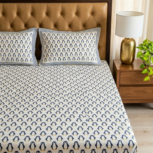 aenak-the-penguin-handblock-premium-cotton-kids-bedsheet-set