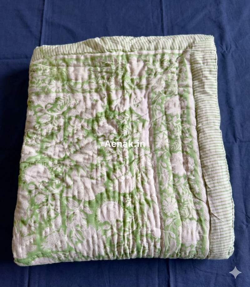 aenak-green-garden-handblock-bedsheet-quilt-combo-set