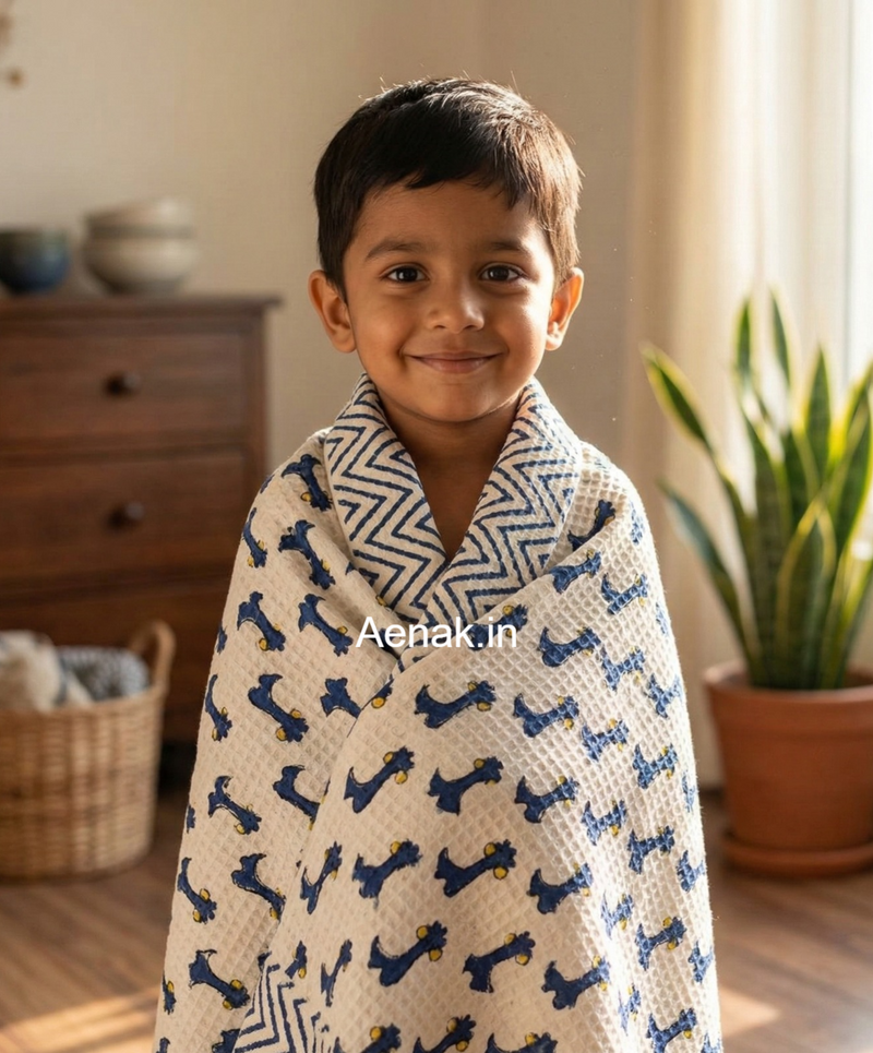 aenak-blue-dinosaur-handblock-printed-waffle-cotton-bathing-towel