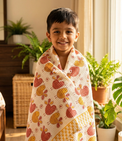 aenak-orange-red-sparrow-handblock-printed-waffle-cotton-bathing-towel