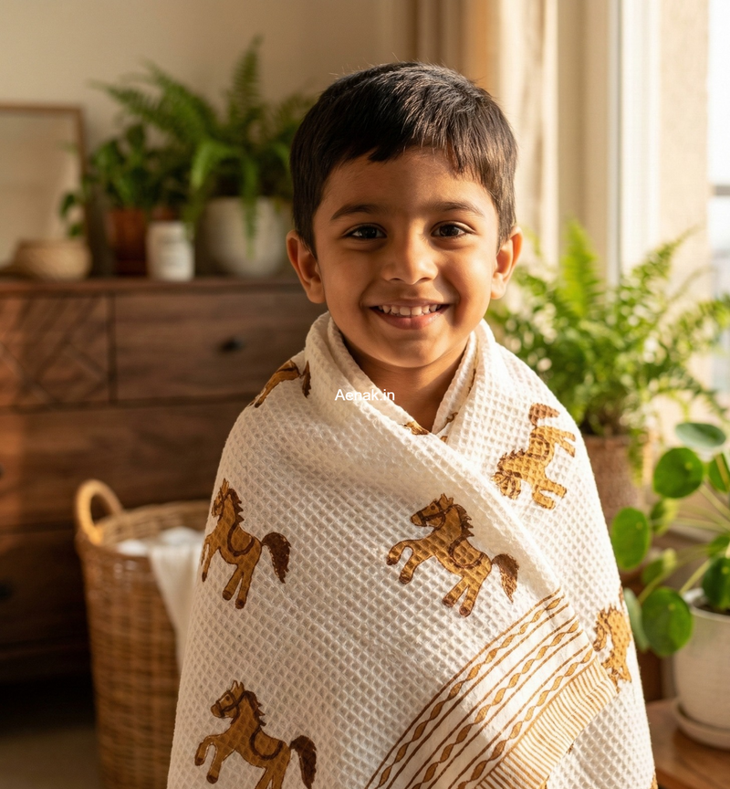 aenak-brown-horse-handblock-printed-waffle-cotton-bathing-towel