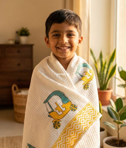 aenak-yellow-blue-auto-handblock-printed-waffle-cotton-bathing-towel