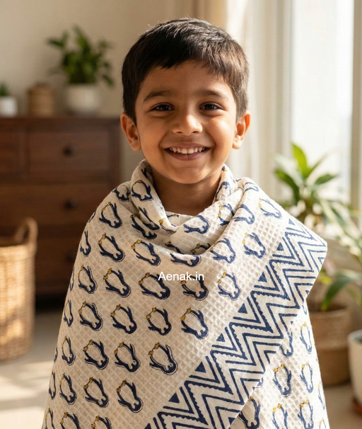 aenak-blue-penguin-handblock-printed-waffle-cotton-bathing-towel