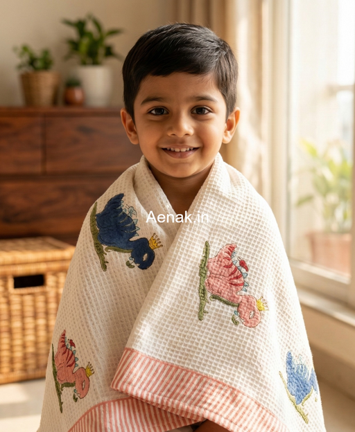 aenak-pink-blue-dinosaur-handblock-printed-waffle-cotton-bathing-towel