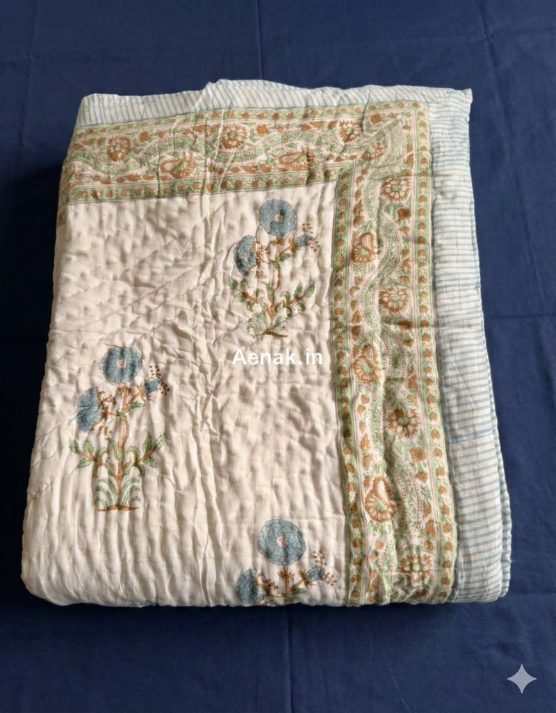 aenak-blue-marigold-handblock-bedsheet-quilt-combo-set