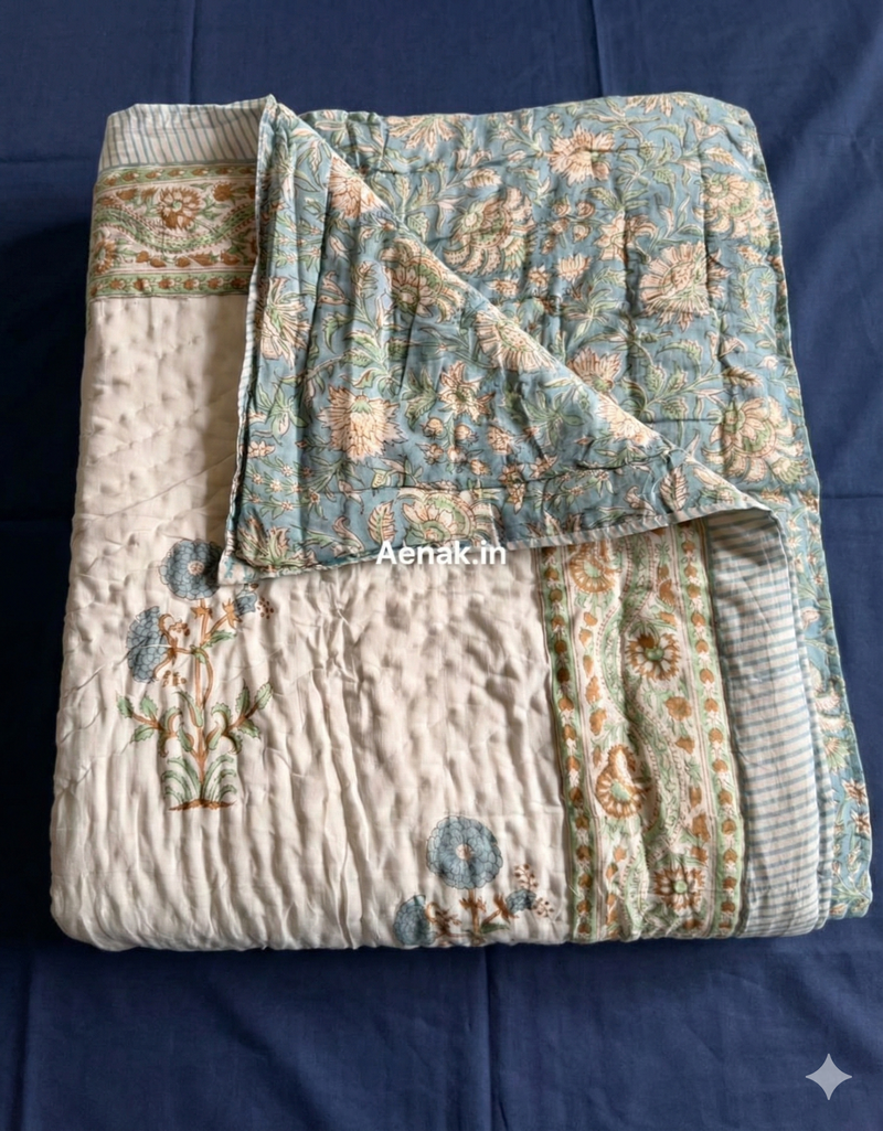 aenak-blue-marigold-handblock-bedsheet-quilt-combo-set